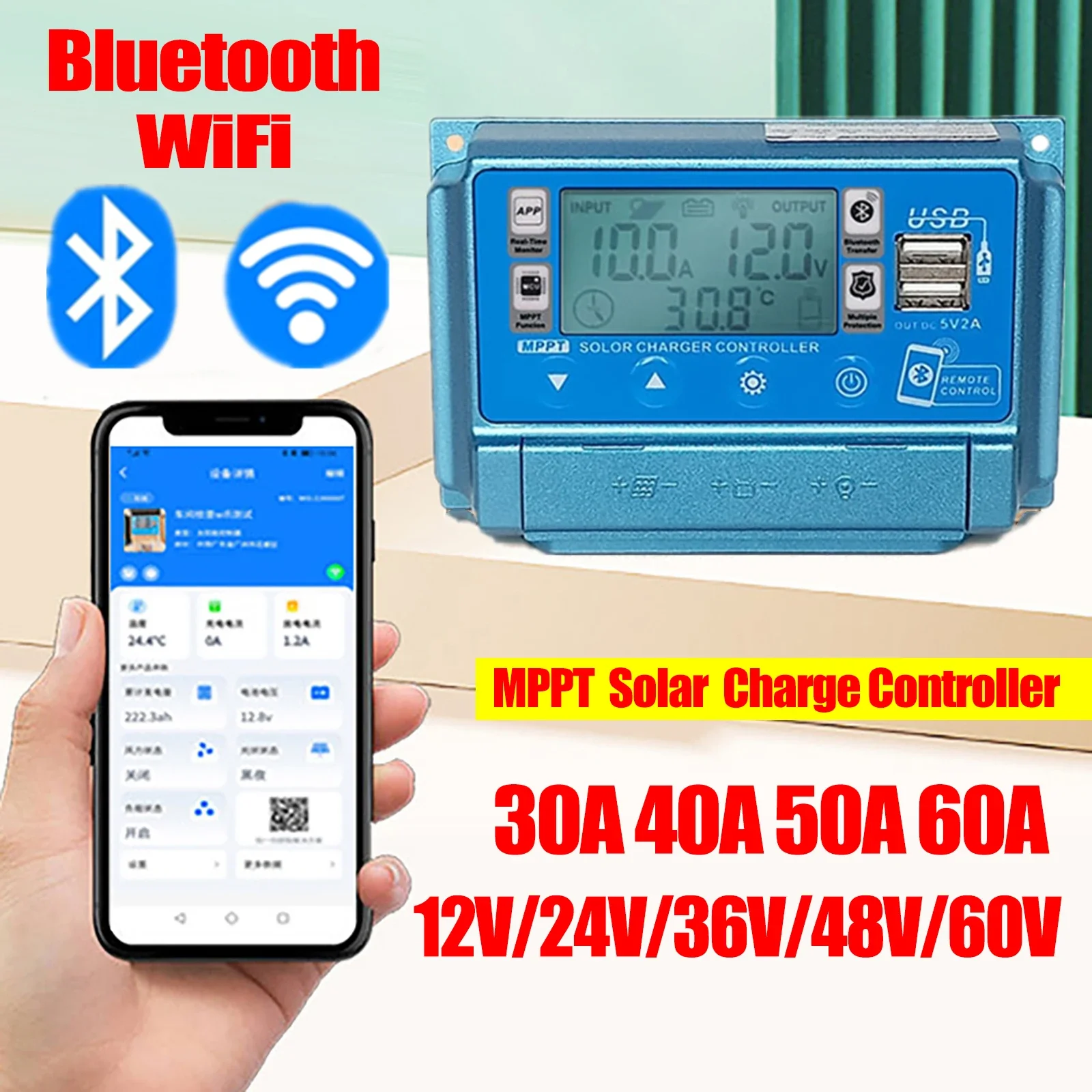 Drone Solar Charger - 12V24V36V48V60V 30A/40A/50A/60A High Definition LCD Digitale